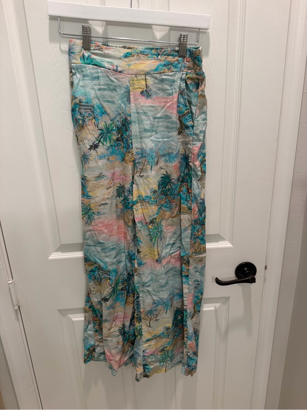 C&C California Linen Blend Wide Leg Pants Tropical Beach Print Resort Summer Xs